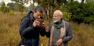 Bear Grylls with Prime Minister of India, Narendra Modi sniffing animal dung in the wild on Man vs. Wild show