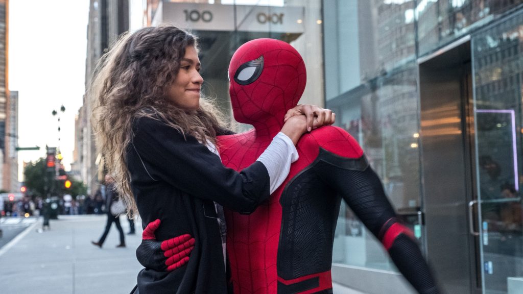 Spider-Man holding MJ in Spider-Man: Far From Home scene